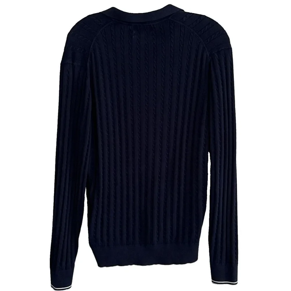 Massimo Dutti Extrafine Cotton Polo Sweater  Mens Sz L Navy Cable Knit Slim Fit